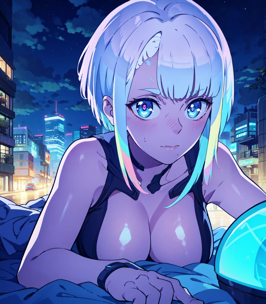 Masterpiece, best quality, extremely detailed artwork, award winning, 16k resolution, illustration.
(hyper-realistic:1.4)
(Night, night time:1.4)

cyberpunklucy, lucy, short hair, bangs, blue eyes, blue hair, multicolored hair, makeup, multicolored eyes

NSFW, NAKED BREASTS, on a bed, on stomach, ass up, 

Indoors, bedroom, city, moon, night, sky, clouds