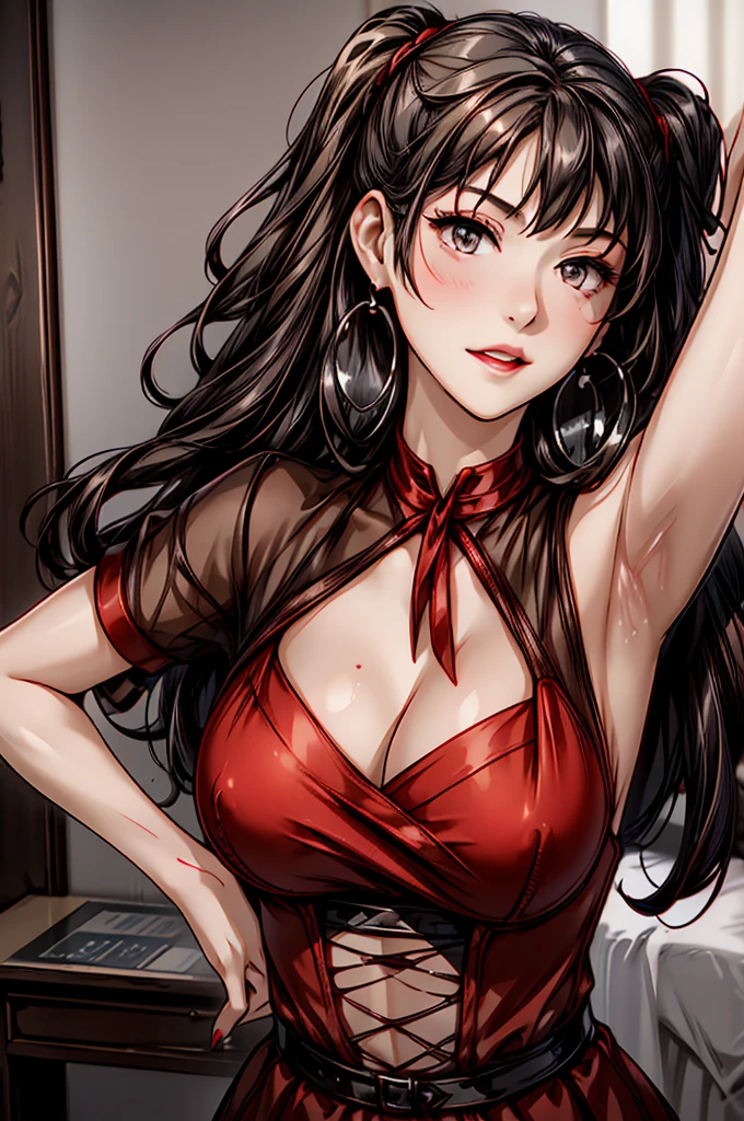 (8K HDR photorealistic pic), Betty Boop, short, althetic, curvy lady, ((tight little red dress)), dark eyebrows, black lipstick, (hoop earrings), dark eyeshadow, black lipstick, curvy, busty, (curly short black hair), shortstack, (retroussé breasts), darling figure, (supple pouting breasts), firm thighs, hourglass figure, kerchief, big brown eyes, dancing seductively