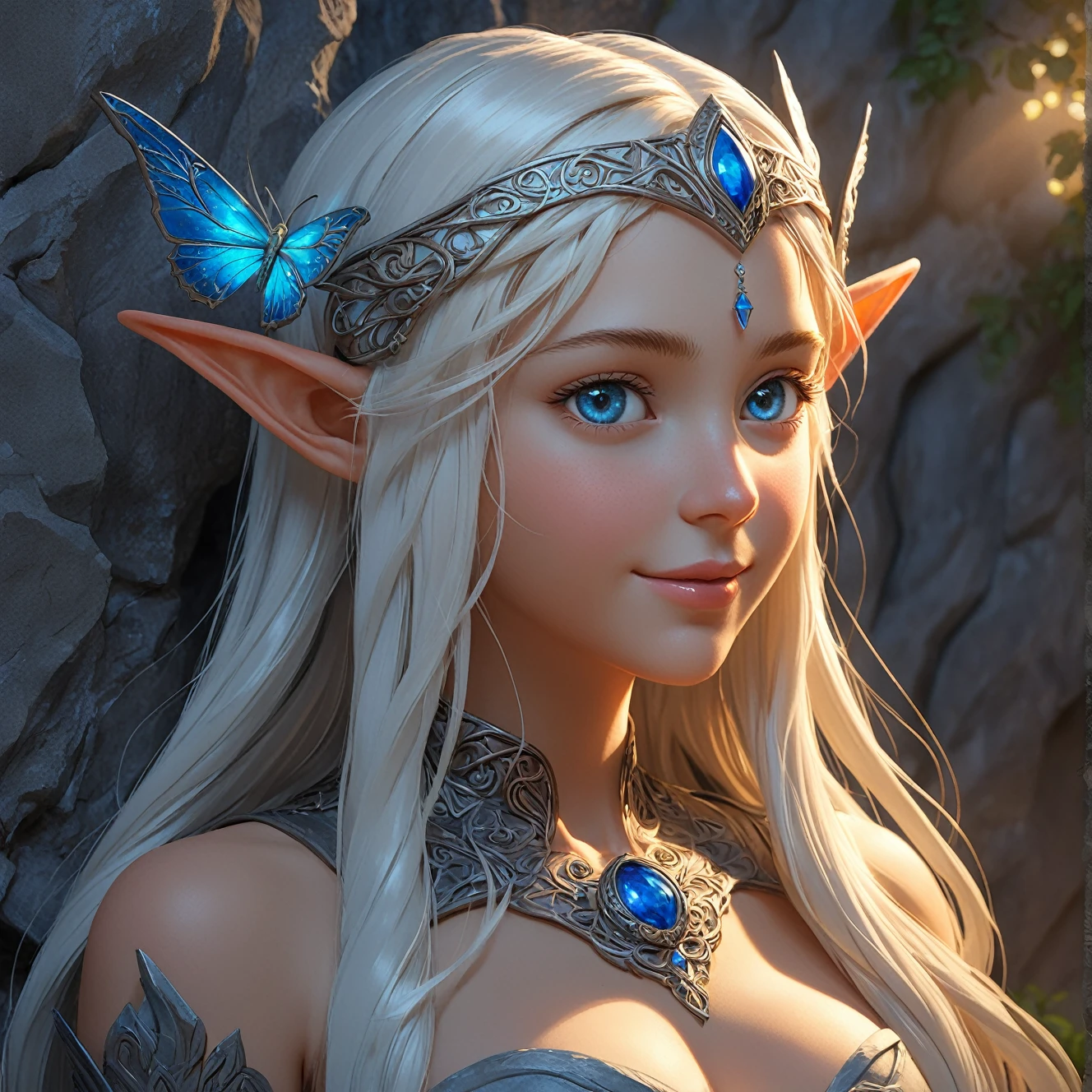 A granite stutue of a beautiful elven maiden. with eyes of saphire. Hair that is made of copper wire. Marble corset. he artwork should be rendered in the style of "Breath of the Wild," featuring warm lighting and shadows. Include graphite shading, stencil marks, and airbrushed acrylic paint effects. The image should be of the highest quality, a masterpiece with intricate details. She should have luscious lips, a wide smile, and bright, expressive eyes, exuding beauty, cuteness, and adorableness. Ensure the image is high resolution and sharply detailed, with a detailed and vibrant background. incorporate mystical lighting in the background, creating a romantic and enchanting atmosphere.