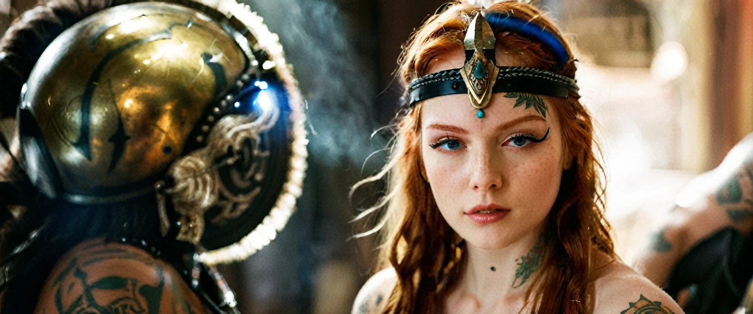 (best quality,highres,ultra-detailed), close-up, 19 year old long haired ginger woman, hair is tightly braided and kept under a ceremonial warriors helmet, tattooed, detailed facial tattoos, shirtless, muscular, fully tattooed body, magical ritual, magical symbols, black magic, model is dusty, dark ambiance, intense lighting, mysterious atmosphere, low key image, model is almost angry, model looks to be drawing power and wants to hurt someone, tribal, powerful, supernatural, mystical, enchanted, griffin symbols, spiritual connection, ritualistic movements, mesmerizing, captivating, intense gaze, confident expression, dominant presence, dark color palette, contrast, dramatic shadows, intricate details, surreal, otherworldly, ethereal, magical energy, intense emotions, powerful aura, mystical transformation, evocative, haunting, immersive composition, arri alexa 65 anamorphic 2.4-1,