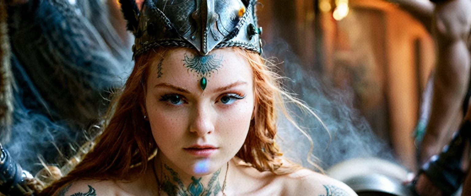 (best quality,highres,ultra-detailed), close-up, 19 year old long haired ginger woman, hair is tightly braided and kept under a ceremonial warriors helmet, tattooed, detailed facial tattoos, shirtless, muscular, fully tattooed body, magical ritual, magical symbols, black magic, model is dusty, dark ambiance, intense lighting, mysterious atmosphere, low key image, model is almost angry, model looks to be drawing power and wants to hurt someone, tribal, powerful, supernatural, mystical, enchanted, griffin symbols, spiritual connection, ritualistic movements, mesmerizing, captivating, intense gaze, confident expression, dominant presence, dark color palette, contrast, dramatic shadows, intricate details, surreal, otherworldly, ethereal, magical energy, intense emotions, powerful aura, mystical transformation, evocative, haunting, immersive composition, arri alexa 65 anamorphic 2.4-1,