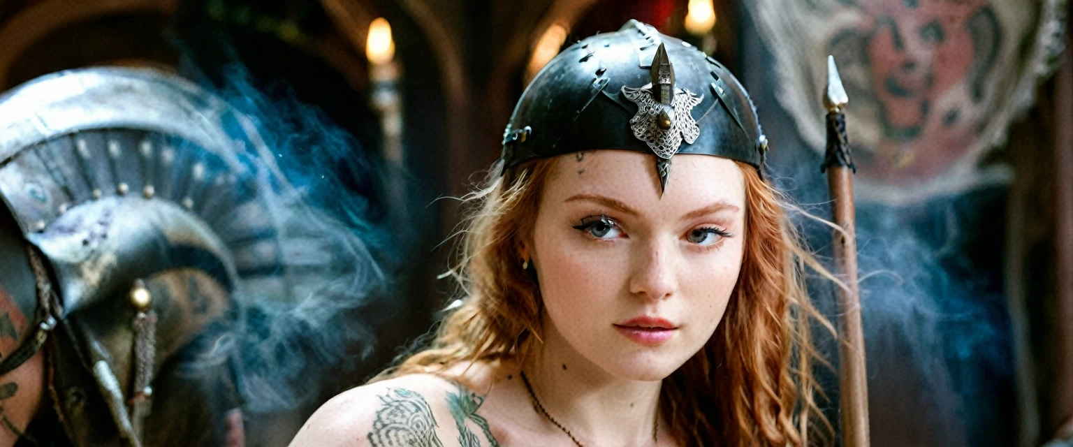 (best quality,highres,ultra-detailed), close-up, 19 year old long haired ginger woman, hair is tightly braided and kept under a ceremonial warriors helmet, tattooed, detailed facial tattoos, shirtless, muscular, fully tattooed body, magical ritual, magical symbols, black magic, model is dusty, dark ambiance, intense lighting, mysterious atmosphere, low key image, model is almost angry, model looks to be drawing power and wants to hurt someone, tribal, powerful, supernatural, mystical, enchanted, griffin symbols, spiritual connection, ritualistic movements, mesmerizing, captivating, intense gaze, confident expression, dominant presence, dark color palette, contrast, dramatic shadows, intricate details, surreal, otherworldly, ethereal, magical energy, intense emotions, powerful aura, mystical transformation, evocative, haunting, immersive composition, arri alexa 65 anamorphic 2.4-1, 