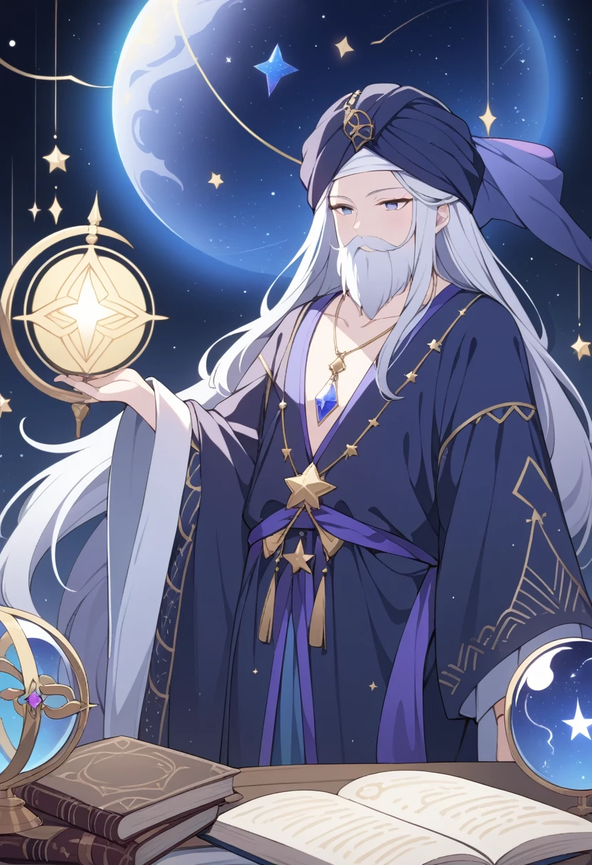 ((Masterpiece)), ((Best Quality)), (Very Detailed), ((Very Detailed)), 4K, (8K), very aesthetic, absurdres highres, Picture an astrologer in a fantasy story. He wears a long robe of deep blue and purple, patterned with gold and silver stars and moons. The hem of the robe is embroidered with ancient runes. He wears a turban on his head, and the turban has jewels embedded in it. She wears a mysterious pendant around her neck, and the pendant is inlaid with a shining star-shaped gemstone. He holds a crystal ball in his hand and sometimes carries a wand. The tip of the wand has a star-shaped decoration that emits magical light. His eyes hold wisdom and mystery, and he has long silver hair and a beard. A starry sky stretches out in the background, and magical light wafts around him. At his feet are scattered ancient books and scrolls, and a large celestial globe with diagrams of the constellations
