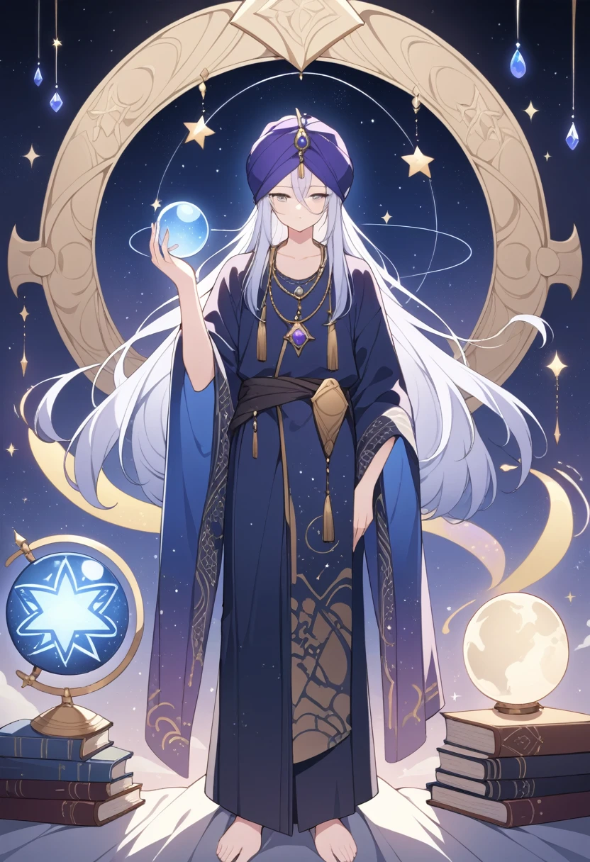 ((Masterpiece)), ((Best Quality)), (Very Detailed), ((Very Detailed)), 4K, (8K), very aesthetic, absurdres highres, Picture an astrologer in a fantasy story. He wears a long robe of deep blue and purple, patterned with gold and silver stars and moons. The hem of the robe is embroidered with ancient runes. He wears a turban on his head, and the turban has jewels embedded in it. She wears a mysterious pendant around her neck, and the pendant is inlaid with a shining star-shaped gemstone. He holds a crystal ball in his hand and sometimes carries a wand. The tip of the wand has a star-shaped decoration that emits magical light. His eyes hold wisdom and mystery, and he has long silver hair and a beard. A starry sky stretches out in the background, and magical light wafts around him. At his feet are scattered ancient books and scrolls, and a large celestial globe with diagrams of the constellations
