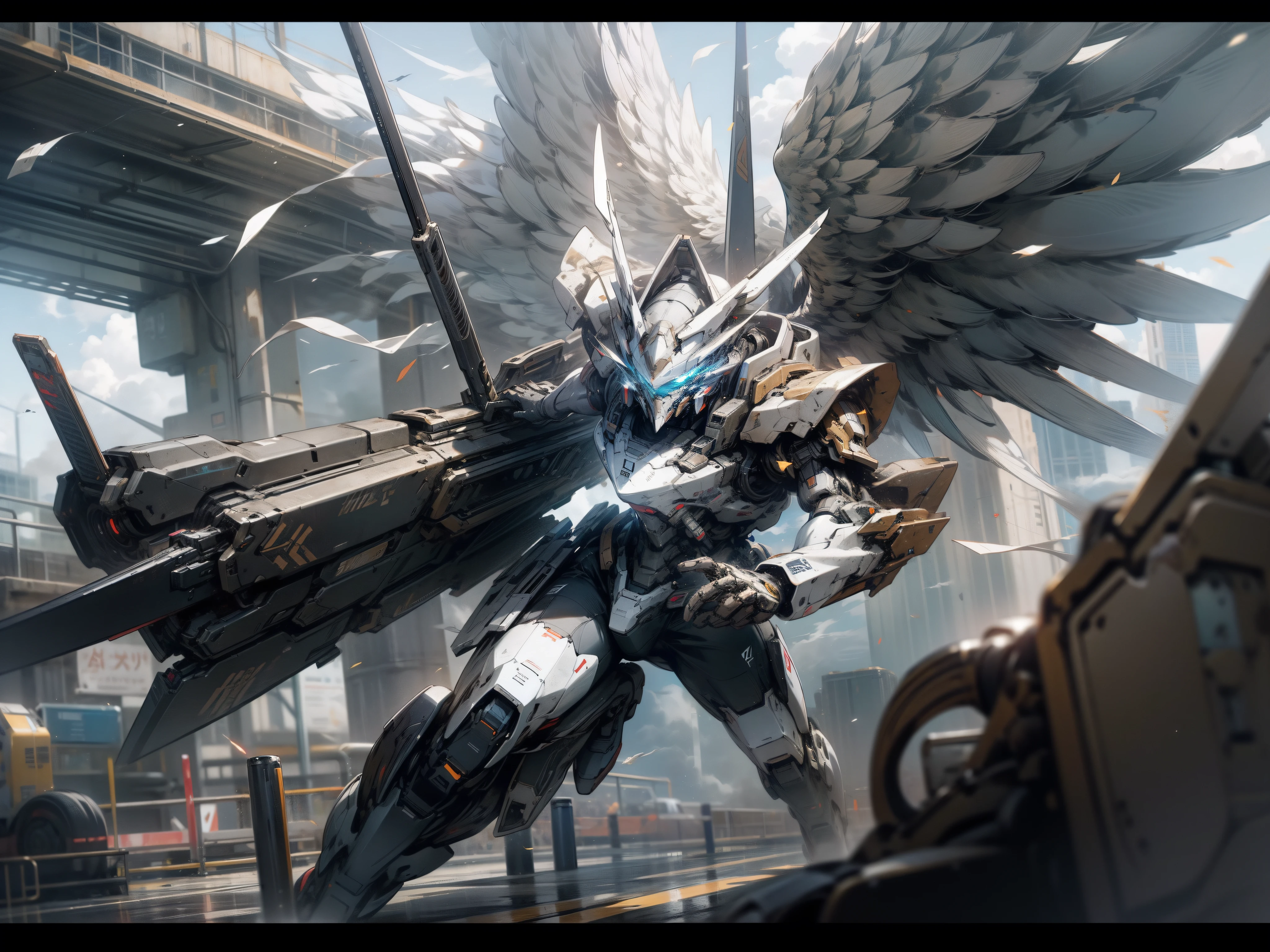 mechs,Facing the side,Running in the sky,holding a gun,clouds,Eyes shine,Machine wing wear,Equipped with a shield,dipping,The bright