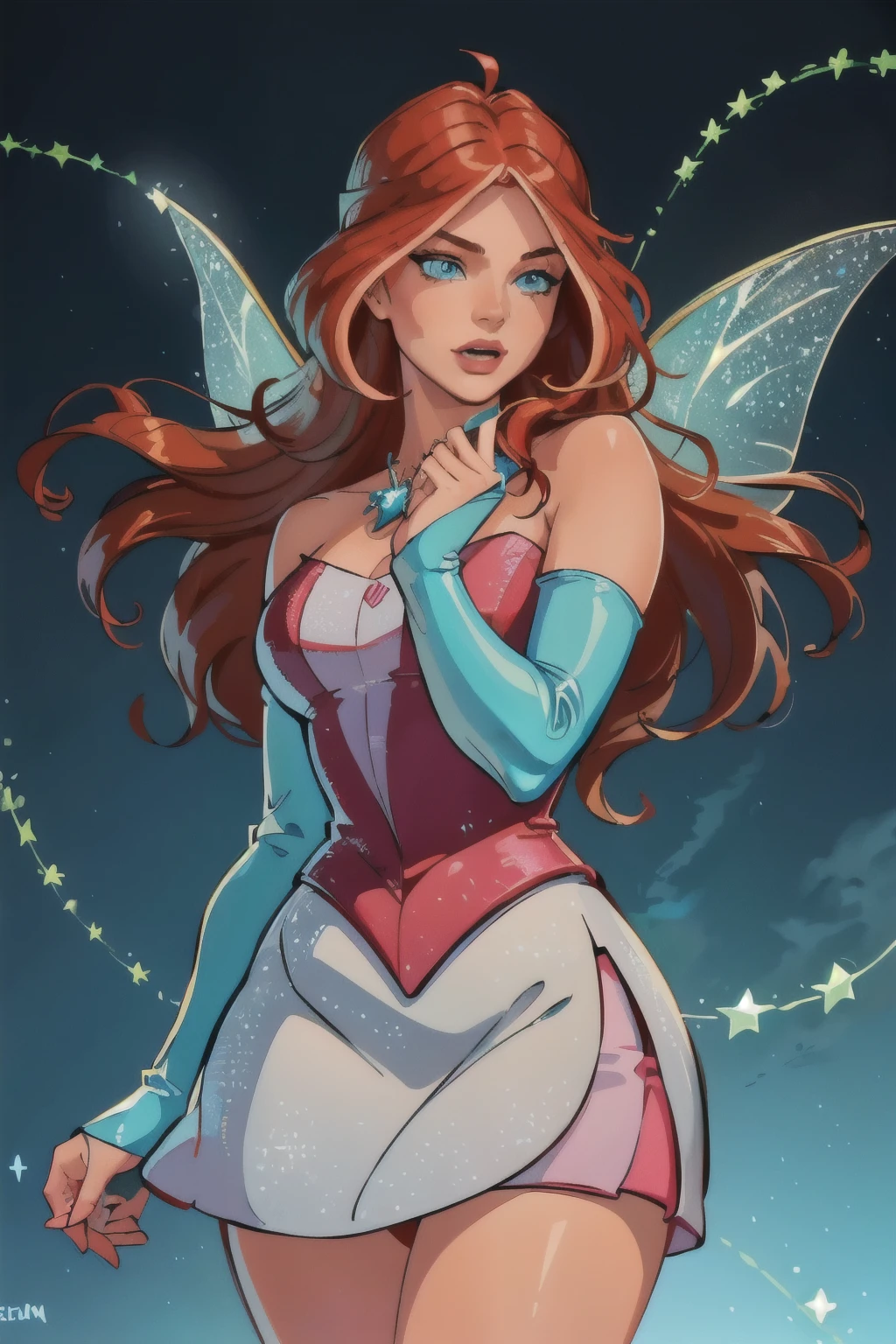 (Bloom), (fair skin, red hair, blue eyes), (FairyOutfit), (blue dress, cyan gloves, sparkling outfit, heart necklace, blue fairy wings), fire background, dragon background, vines, (realistic:1.2), (masterpiece:1.2), (full-body-shot:1),(Cowboy-shot:1.2), neon lighting, dark romantic lighting, (highly detailed:1.2),(detailed face:1.2), (gradients), colorful, detailed eyes, (natural lighting:1.2), (neutral standing pose:1.2), (solo, one person, 1girl:1.5),