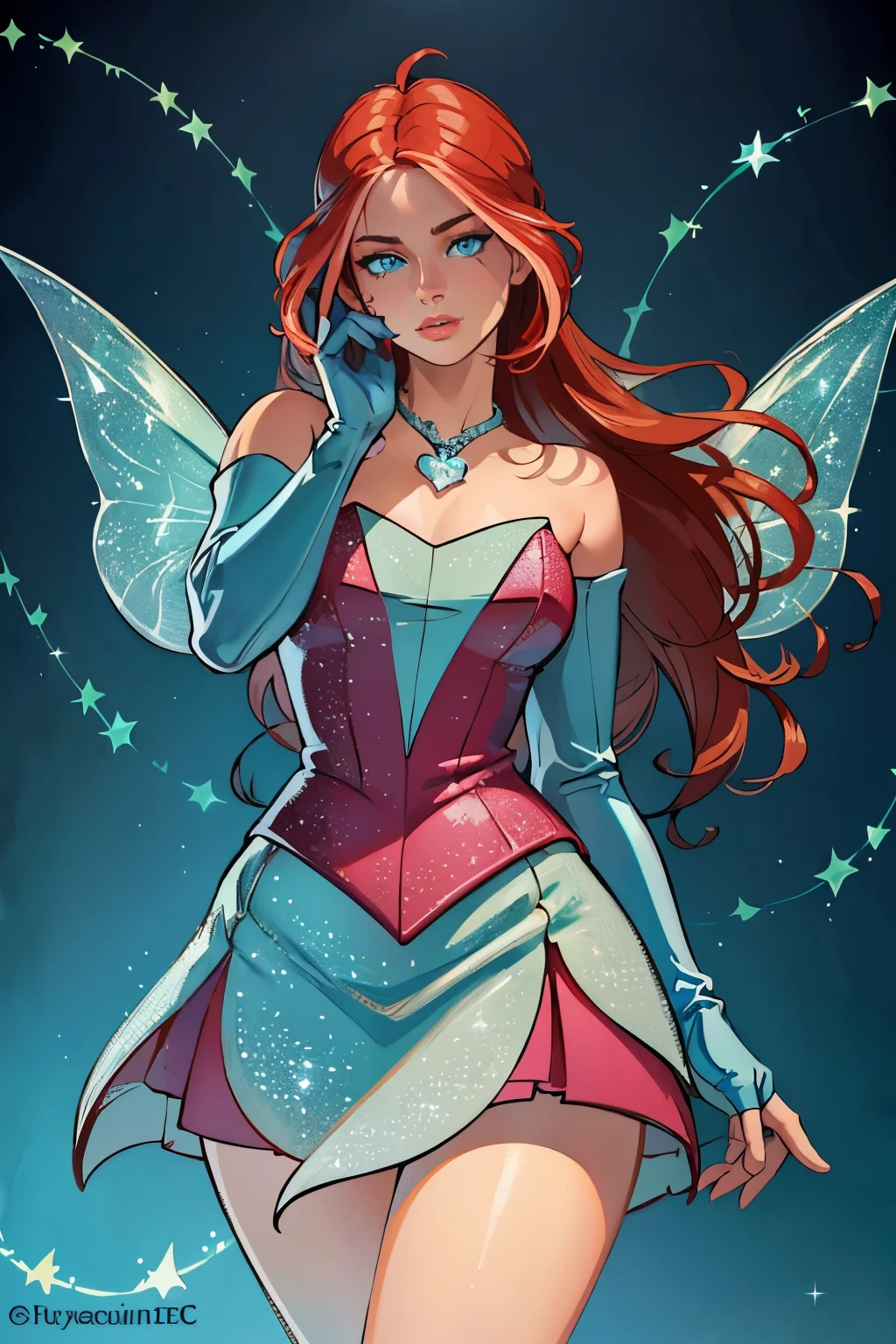 (Bloom), (fair skin, red hair, blue eyes), (FairyOutfit), (blue dress, cyan gloves, sparkling outfit, heart necklace, blue fairy wings), fire background, dragon background, vines, (realistic:1.2), (masterpiece:1.2), (full-body-shot:1),(Cowboy-shot:1.2), neon lighting, dark romantic lighting, (highly detailed:1.2),(detailed face:1.2), (gradients), colorful, detailed eyes, (natural lighting:1.2), (neutral standing pose:1.2), (solo, one person, 1girl:1.5),