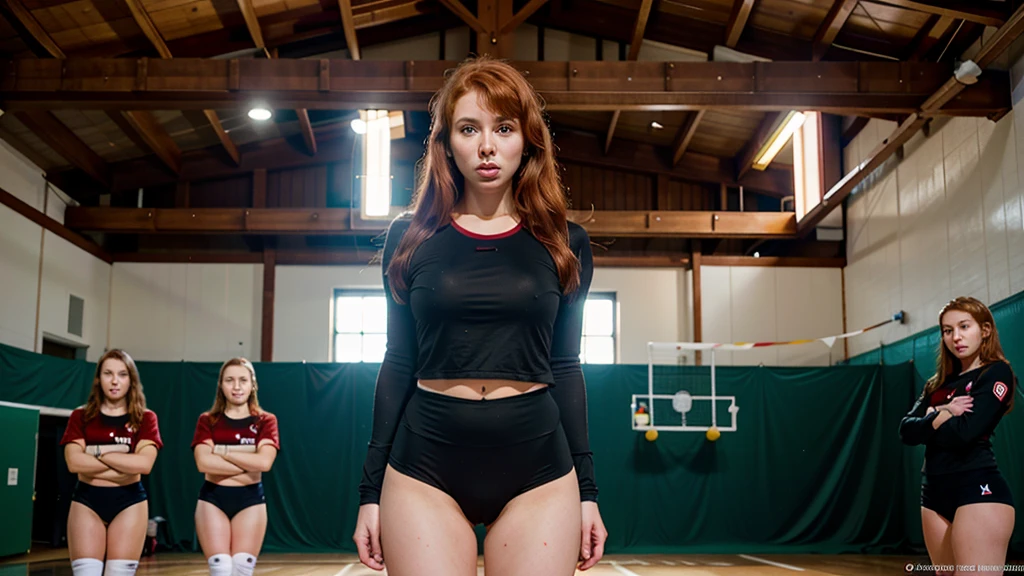 Lena Paul, a red-haired girl wearing a volleyball uniform close to her body, pronounced tits, Marking vagina, cameltoe on legs, scared and tired from the game, detailed face,  she is standing in the middle of the volleyball court, background public 