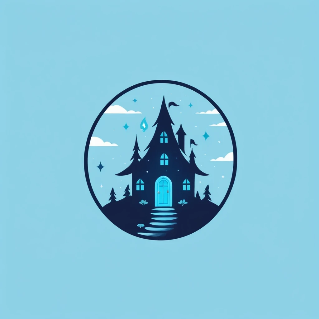A logo with a family house full of magic, with an elf, minimalist, Dark blue, light blue and turquoise