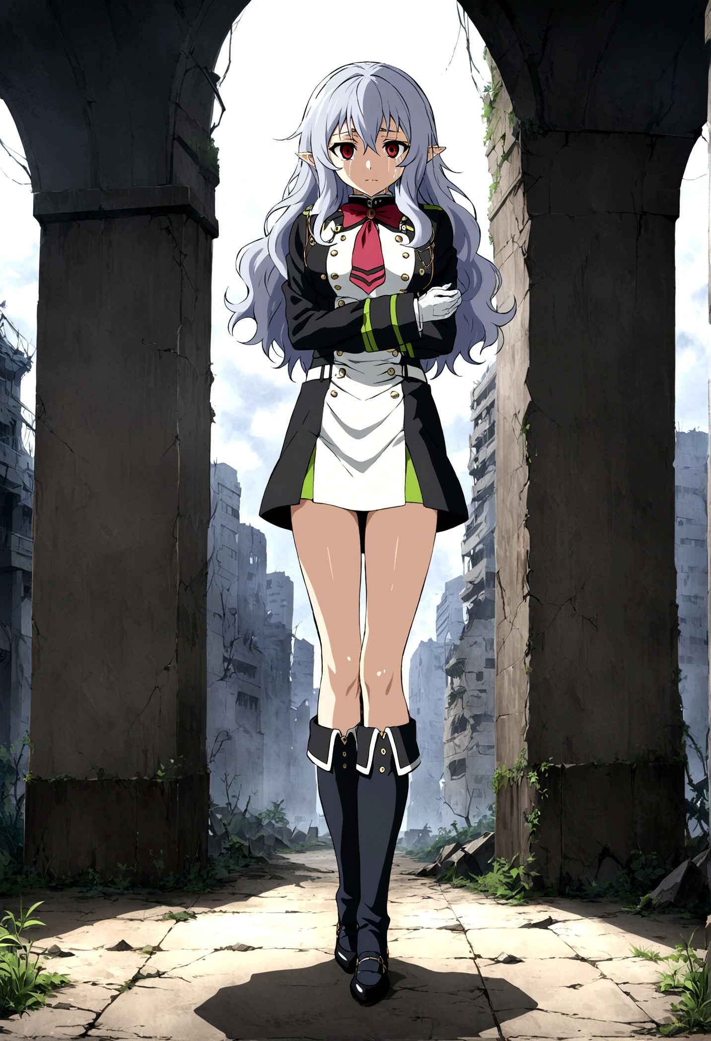 Anime. Owari no Seraph. 1 Girl. Expensive . A vampire. Clumsy. Progenitor. Silver hair. Wavy hair. Long hair. Red eyes. Beautiful eyes. Perfect eyes. Expressive eyes. Ideal face. Perfect body. Beautiful long ones. legs. Beautiful nose. 18 years. Big breasts. Standing. Full height. Beautiful character design. Shiny skin. Pointy ears. White dress. Vampire uniform dress from Owari no Seraph. Black stockings. She's crying. There are tears in my eyes. Eyes swollen from tears. He wipes the tears from his eyes with his hands. Snot flows from the nose. Heeled shoes. Ruins of Tokyo. Whole body. NSF. Official art. Extremely detailed CG Unity 8k wallpaper. Ideal lighting. Ultra high resolution 4K. Super detailed 8K. A high resolution.