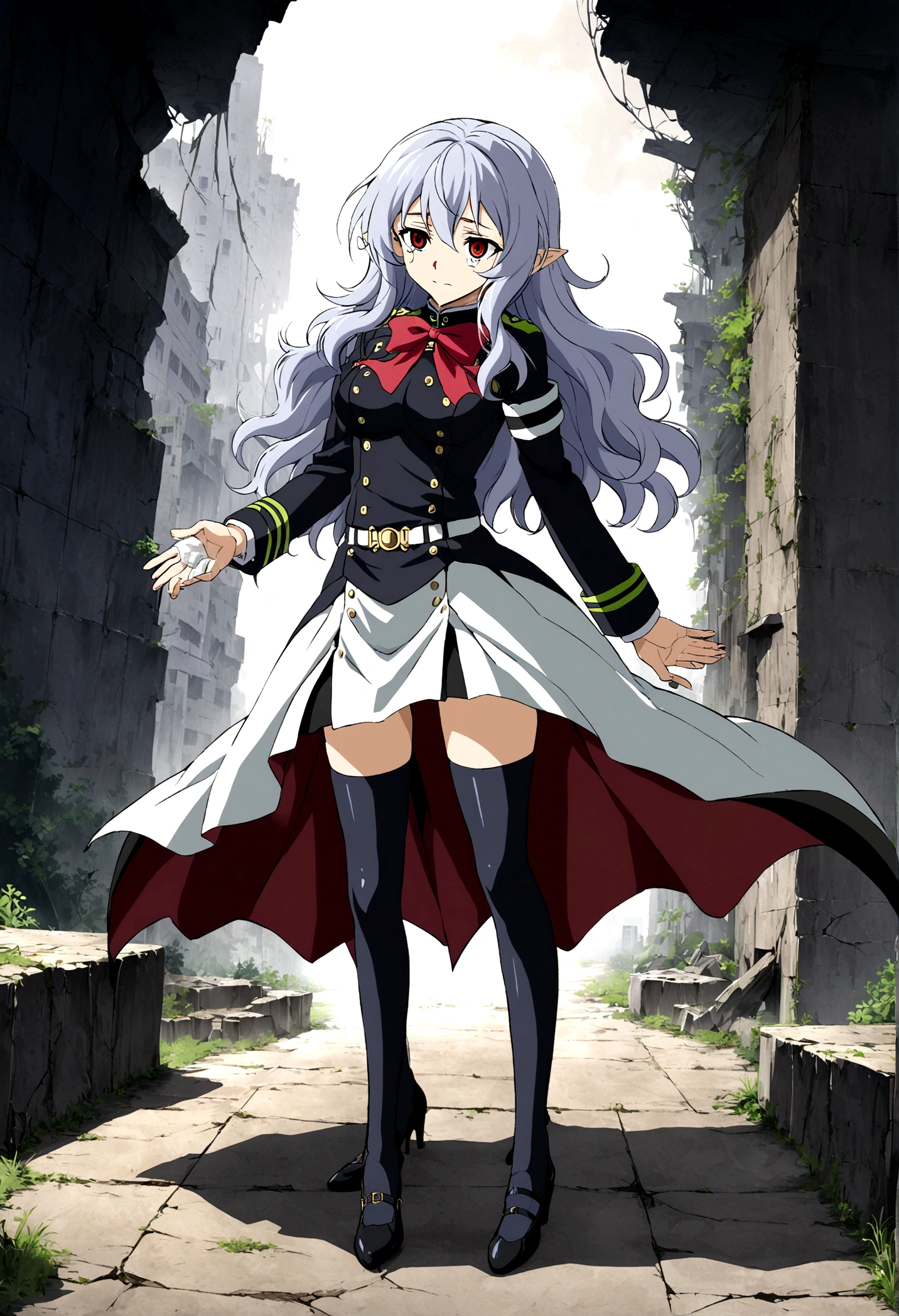 Anime. Owari no Seraph. 1 Girl. Expensive . A vampire. Clumsy. Progenitor. Silver hair. Wavy hair. Long hair. Red eyes. Beautiful eyes. Perfect eyes. Expressive eyes. Ideal face. Perfect body. Beautiful long ones. legs. Beautiful nose. 18 years. Big breasts. Standing. Full height. Beautiful character design. Shiny skin. Pointy ears. White dress. Vampire uniform dress from Owari no Seraph. Black stockings. She's crying. There are tears in my eyes. Eyes swollen from tears. He wipes the tears from his eyes with his hands. Snot flows from the nose. Heeled shoes. Ruins of Tokyo. Whole body. NSF. Official art. Extremely detailed CG Unity 8k wallpaper. Ideal lighting. Ultra high resolution 4K. Super detailed 8K. A high resolution.