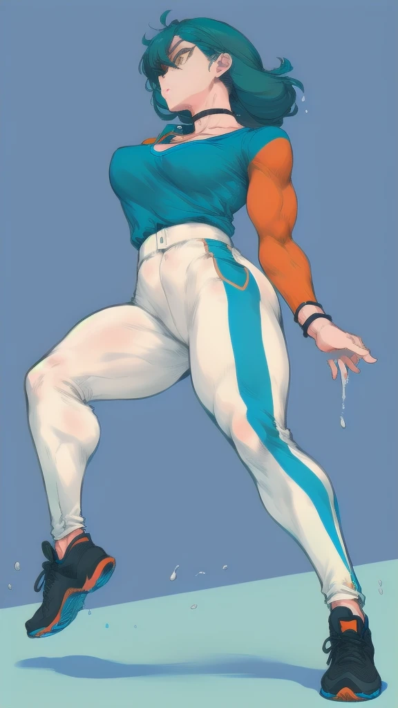 Full body image of Nicole Watterson from The Amazing World of Gumball, full body in image, wearing her original outfit (blue shirt with a white collar, orange pants, and black shoes), long blue hair, female body, athletic and strong body, dynamic pose showing her strength and determination, detailed pose, simple background, expressive face showing a mix of firmness and warmth, focus on face, line art, sketch