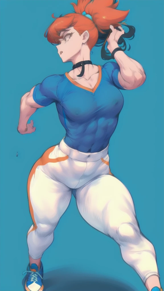 Full body image of Nicole Watterson from The Amazing World of Gumball, full body in image, wearing her original outfit (blue shirt with a white collar, orange pants, and black shoes), long blue hair, female body, athletic and strong body, dynamic pose showing her strength and determination, detailed pose, simple background, expressive face showing a mix of firmness and warmth, focus on face, line art, sketch