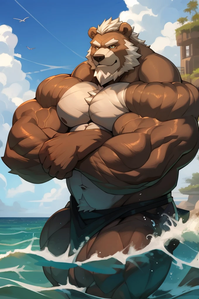 a huge muscular furry Grizzly bear old man swimming in sea, huge shoulder muscle , shirtless, muscle, strong man, strong bear, huge muscle, short hair, bearded, white hair and beard, massive body, black swim trunks, thick heavy brown fur, wrinkles skinned, strong muscle, strong and intimidated, masterpiece, muscular, five fingers, commission for high res, male, fantasy art, very very beautiful art, art painting , painting art