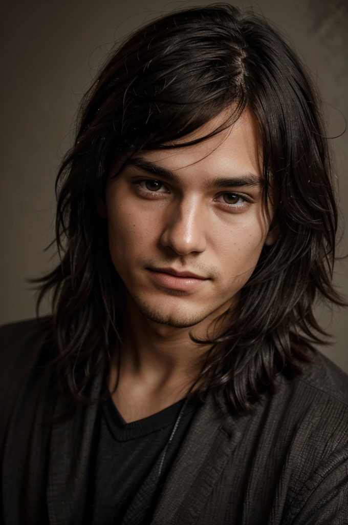 photo realistic, charming young man with black messy hair, attractive