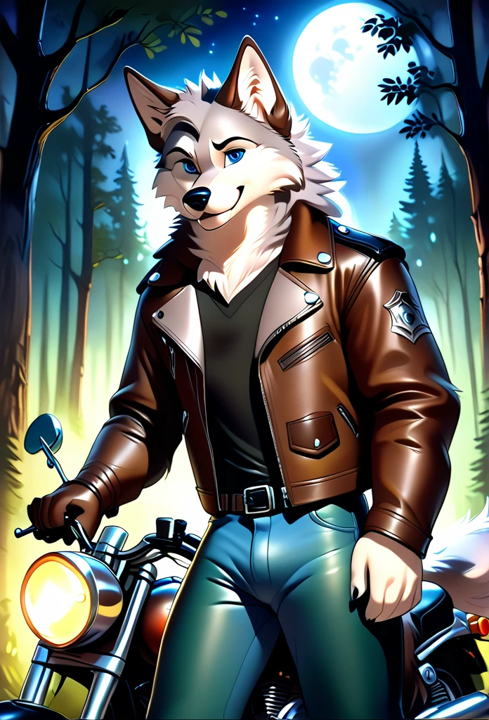 detailed illustration, dynamic angle, ultra-detailed, illustration, 1boy, leather jacked, wolf, silver wolfkin, blue eyes, standing in woods, disney style, happy, cartoon, leaning on a motorcycle, night