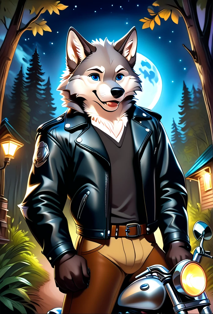 detailed illustration, dynamic angle, ultra-detailed, illustration, 1boy, leather jacked, wolf, silver wolfkin, blue eyes, standing in woods, disney style, happy, cartoon, leaning on a motorcycle, night