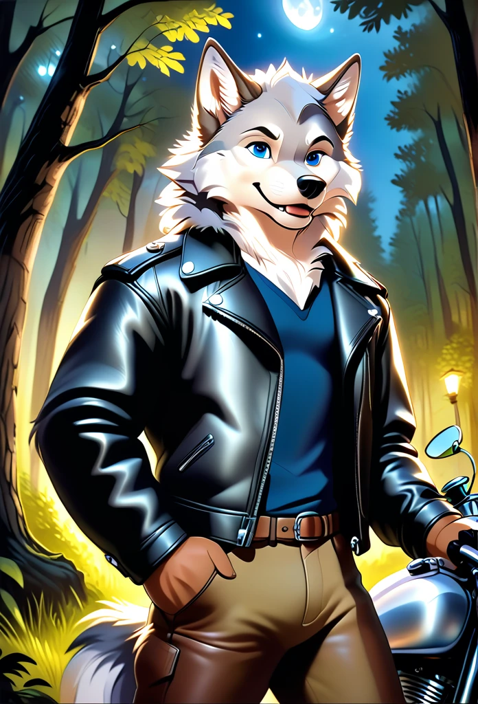 detailed illustration, dynamic angle, ultra-detailed, illustration, 1boy, leather jacked, wolf, silver wolfkin, blue eyes, standing in woods, disney style, happy, cartoon, leaning on a motorcycle, night