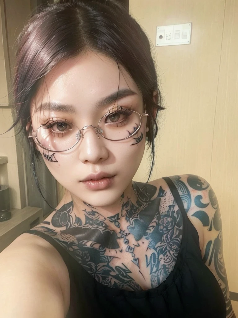 there is a woman with a tattoo on her chest and glasses, cruel korean gothic girl, with facial tattoo, korean symmetrical face, heavy body modification, bright and penetrating eyes, Taiwanese girl with tattoos, using spikes and piercings, 1 7 year old gothic girl, body modification, dark and penetrating eyes, has a penetrating look, face tattoo, facial tattoos