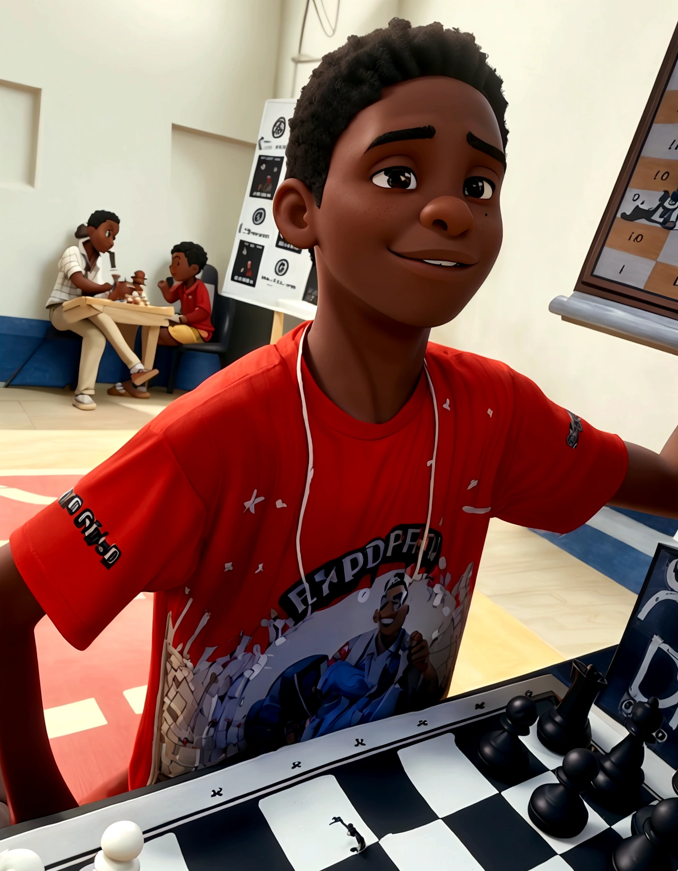 black boy in a red shirt playing chess with a board and a game, disney pixar, good quality, great quality 