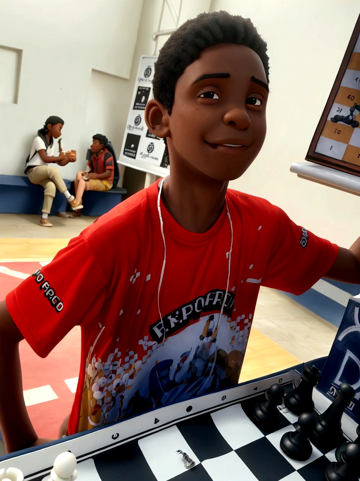 black boy in a red shirt playing chess with a board and a game, disney pixar, good quality, great quality