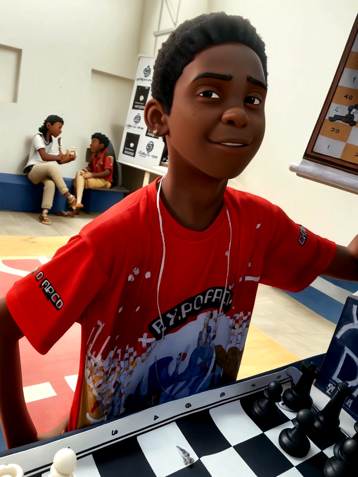 black boy in a red shirt playing chess with a board and a game, disney pixar, good quality, great quality