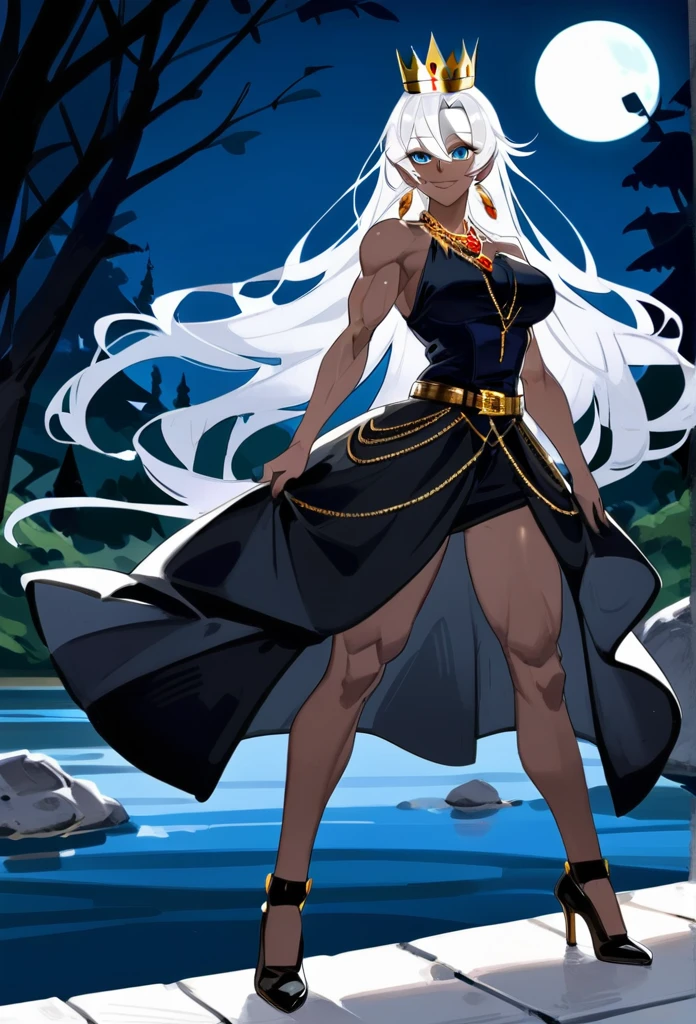 beautiful woman, dark skin, white hair, sky blue eyes, black dress, yellow crown, black jewels in the crown, gold belt, gold earrings, gold necklace, tall, athletic build, muscular arms, confident smile, black and gold high heels, white owl on shoulder, bright moon in the background, standing on top of castle ledge, river in the background, bright moonlight, forest,white owl on shoulder