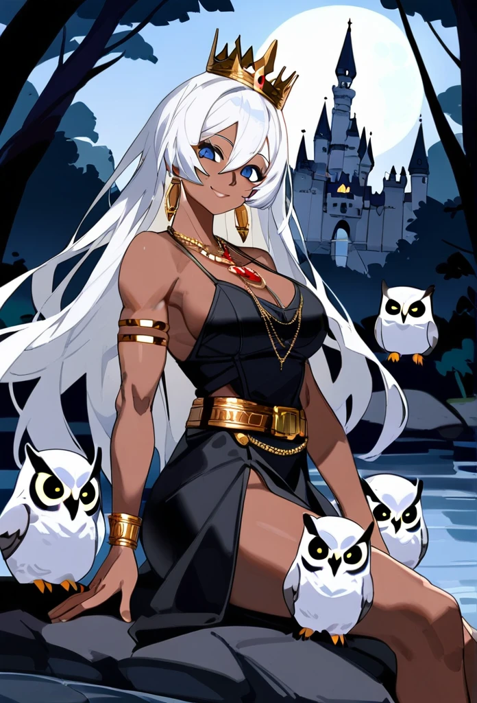 beautiful woman, dark skin, white hair, sky blue eyes, black dress, yellow crown, black jewels in the crown, gold belt, gold earrings, gold necklace, tall, athletic build, muscular arms, confident smile, black and gold high heels, white owl on shoulder, bright moon in the background, standing on top of castle ledge, river in the background, bright moonlight, forest,white owl on shoulder