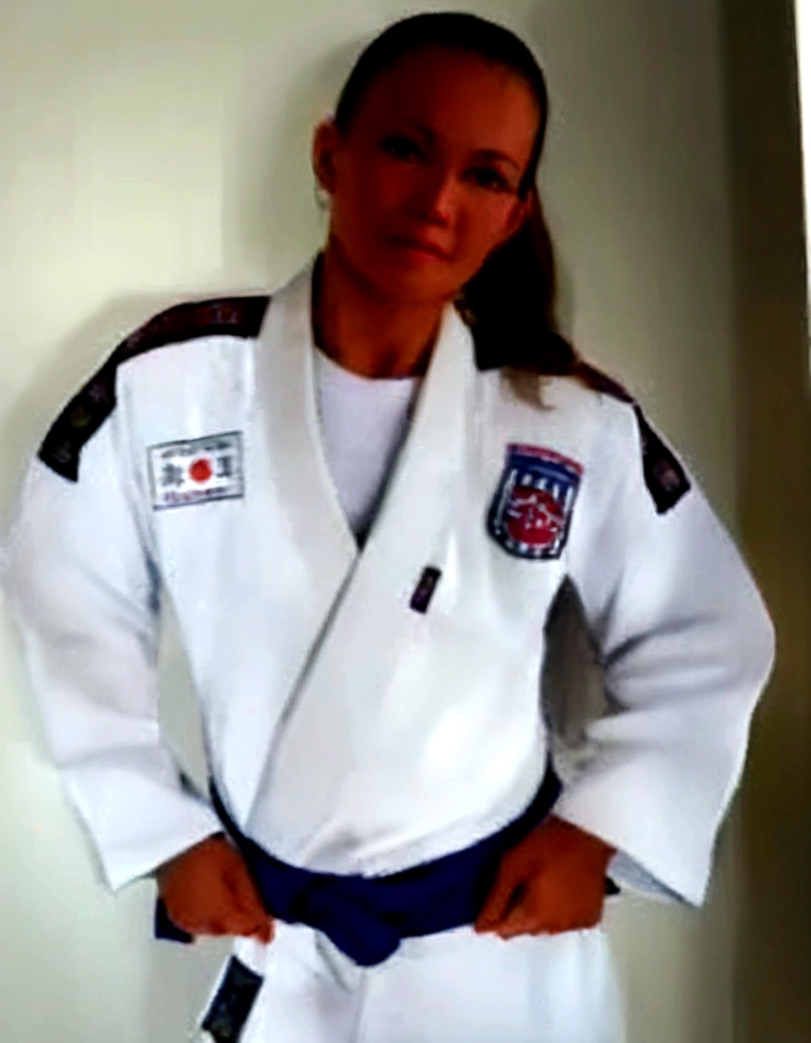 blonde woman, 40 years old, long hair, athletic, small breasts, slim, judo, white kimono, purple belt, Japanese dojo, high quality
