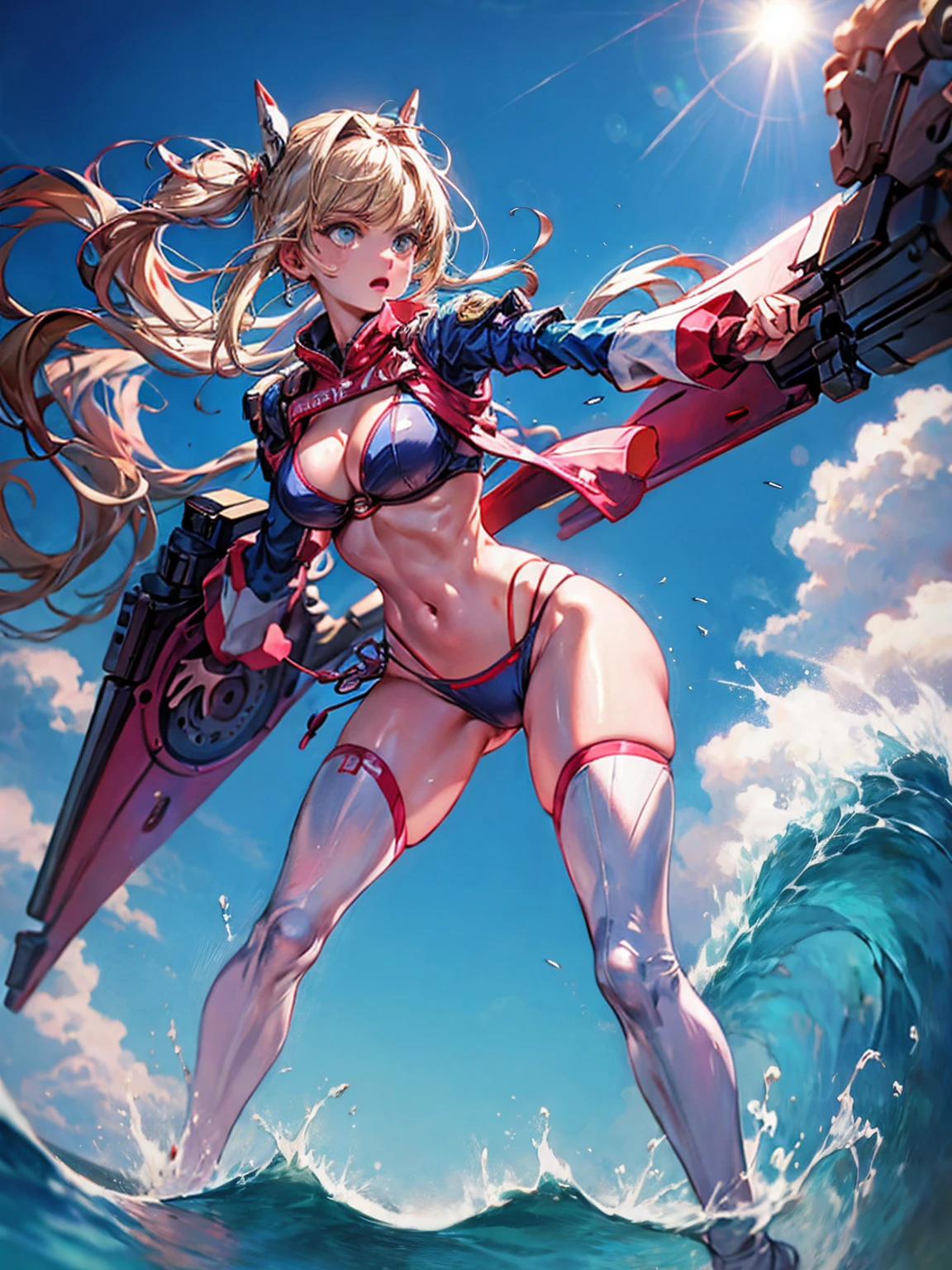 A female general riding a mecha、1 female、Blonde、bikini、Kicking the Waves、完全なbikiniを着て、With the ocean behind me, I kick my chest high、Kicking the waves。