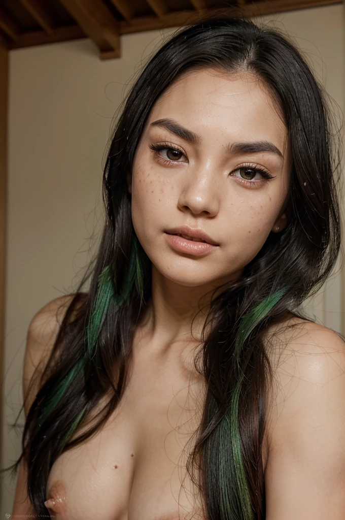 She has an oval face with high cheekbones, a defined jawline is Asian, japanese. His eyes are large and almond, black in color, with long eyelashes and thick, arched eyebrows, with a small scratch on his right eyebrow. His nose is small and straight, and she has full, wide lips. His hair is black with a green streak on the left side., short and smooth, usually worn loose with a fringe that partially covers the forehead. Her skin is fair with lots of freckles on her nose and rosy cheeks.. She is short in height, with a slim body build of robust breasts and a slim waist. She's in the gym bathroom, all sweaty, after training.