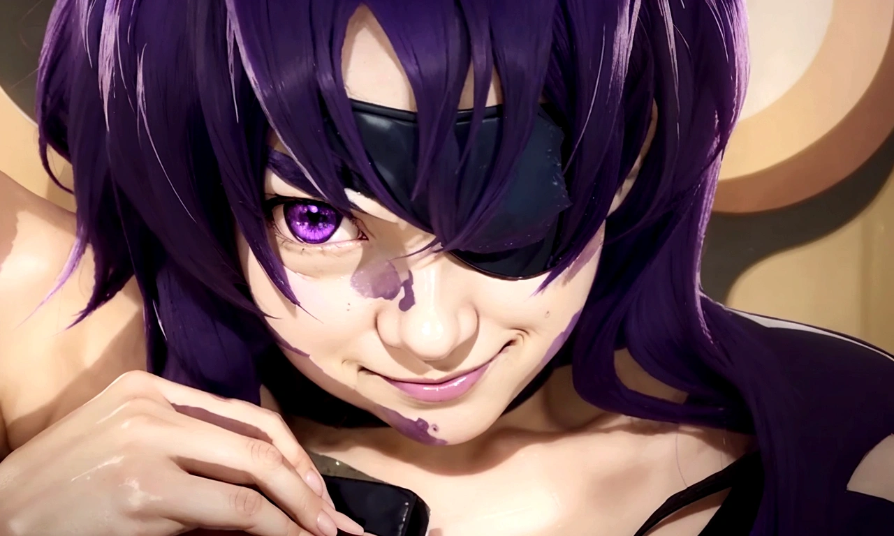 a close up of a person with purple hair and a black eye, minene uryuu, minene uryuu, minene uryuu, minene uryuu, smug smirk, with glowing purple eyes, symphogear, gurren lagan, large eyes and menacing smile, sultry smirk, pin on anime