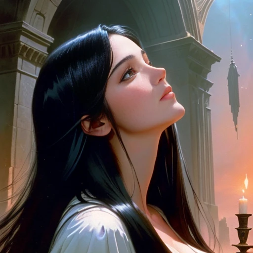 a photorealistic picture of a female sorceress with long black hair looking up, beautifully, film promotional still, screenshot from the 1983 film, a princess gazing up, fully body shot, magic aura