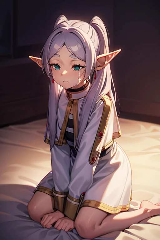 kneeling down on bed, with transparent white shirt, Grieving, elf ears , sobbing 