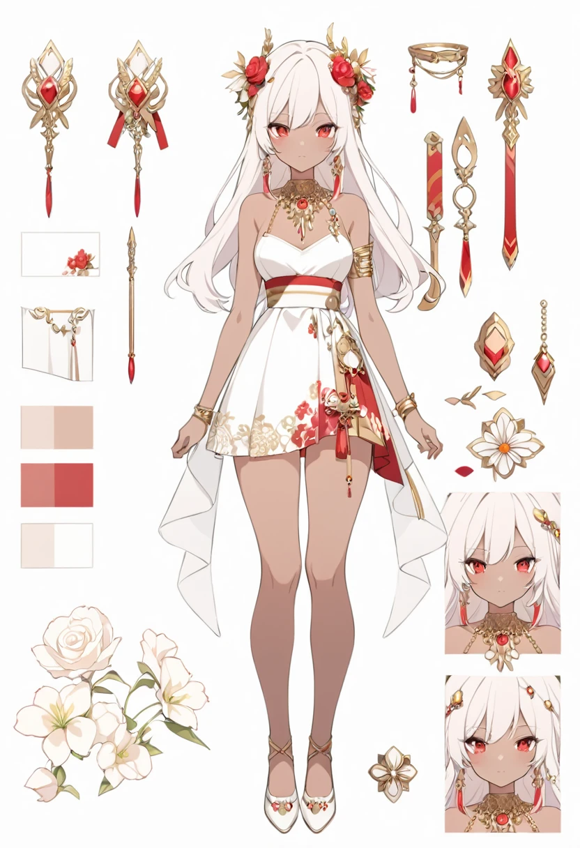 girl with dark skin, beautiful face, red and white palette, weapons with flowers, gold jewelry, full body, reference sheet