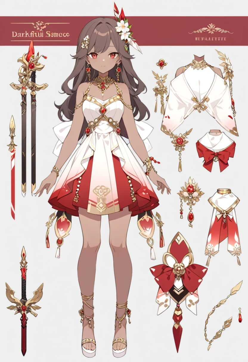 girl with dark skin, beautiful face, red and white palette, weapons with flowers, gold jewelry, full body, reference sheet