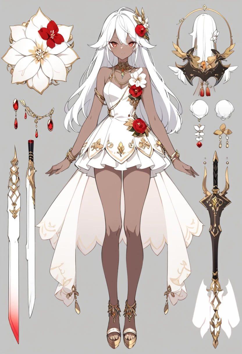 girl with dark skin, beautiful face, red and white palette, weapons with flowers, gold jewelry, full body, reference sheet