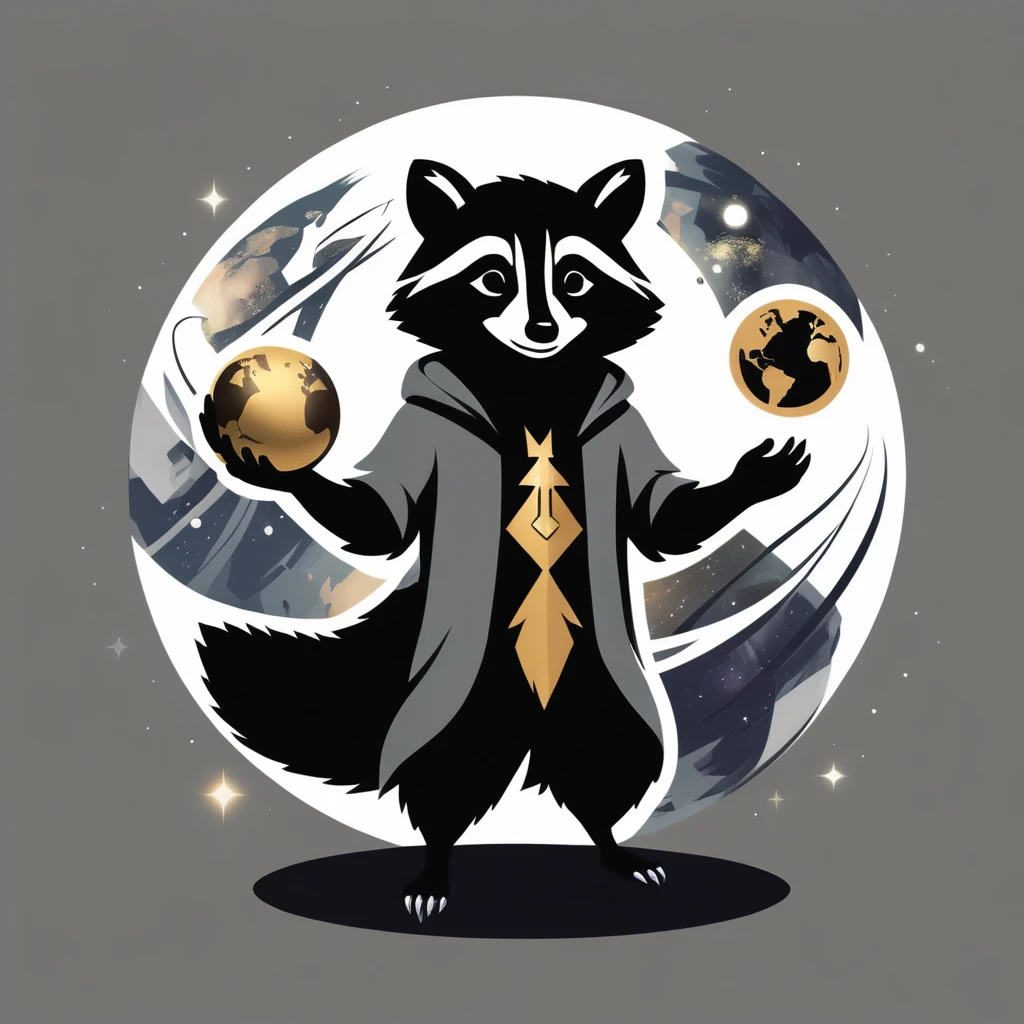 A anthropomorphic raccoon, male body, using mage clothes, gold, black, white, grey hues, facing forward, casting spell while floating position, envolved by abstrat representation of dark forces and light forces, background half universe, half earth