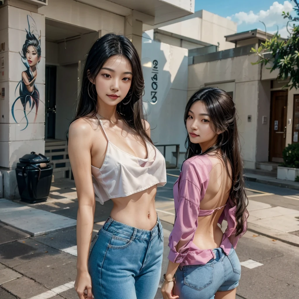 (Realistic lighting、top-quality、8K、​masterpiece:1.3), (rear angle), (1 single woman), kiminohara, Clear focus:1.2、1girl in、(Perfect beauty:1.4)、(Slim abs:1.1)、(long black hair:1.6), (Super fine face)、(Slim Face), (medianum tits:1.7), (white skinned), (full-body shot:1.4), (looking back at viewer:1.7)