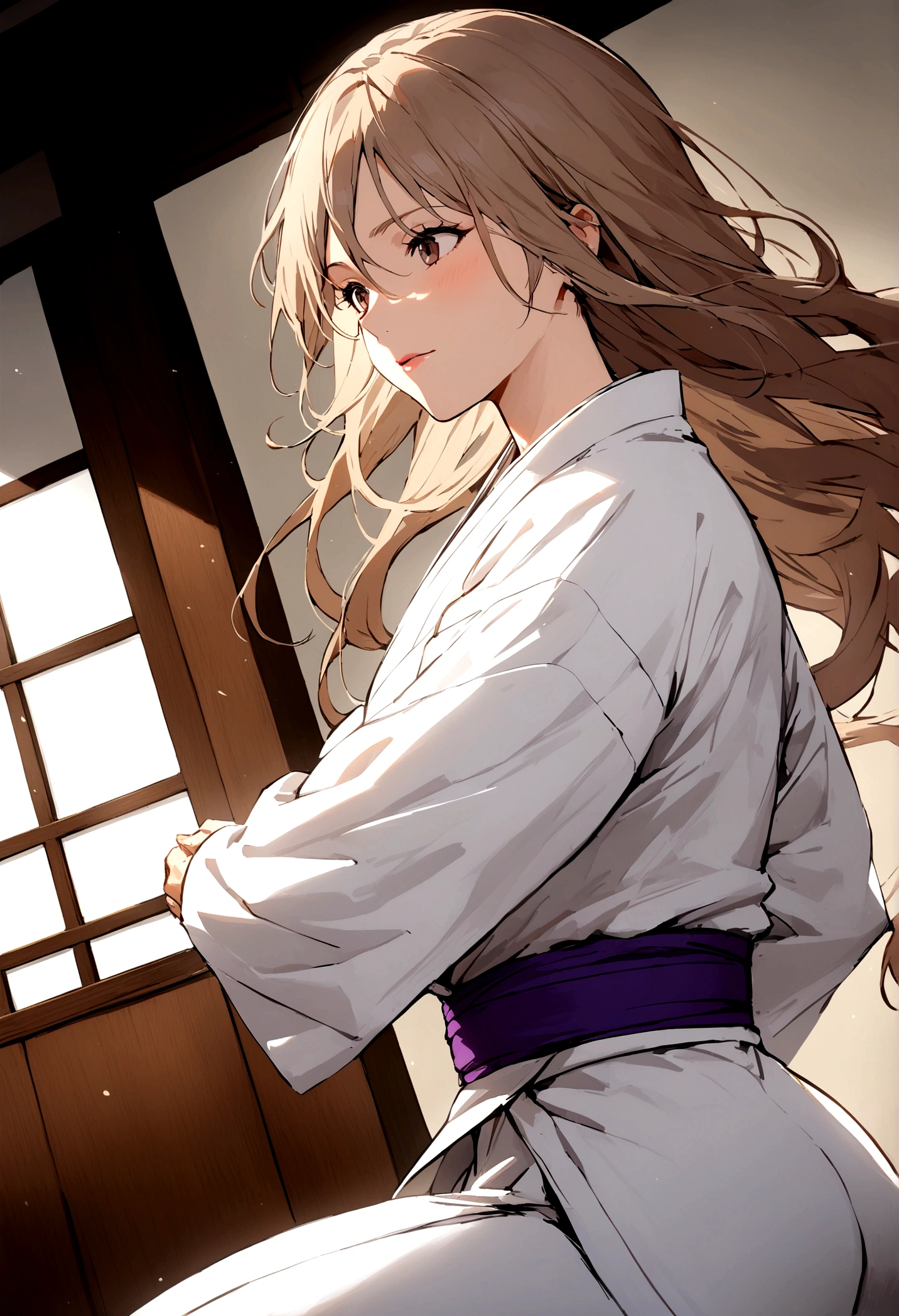 woman with light brown hair, 40 years old, long hair, athletic, small breasts, thin, judo, white kimono, purple belt, Japanese dojo, high quality
