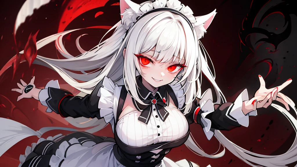 White hair,bit girl,dual horsetail,brown-skinned,One eye is covered by bangs,cat ear,the maid outfit,Devilish charm,Sinister smile,Black whites of the eyeagic Array,Black and red background,Poe,Cthulhu,dark