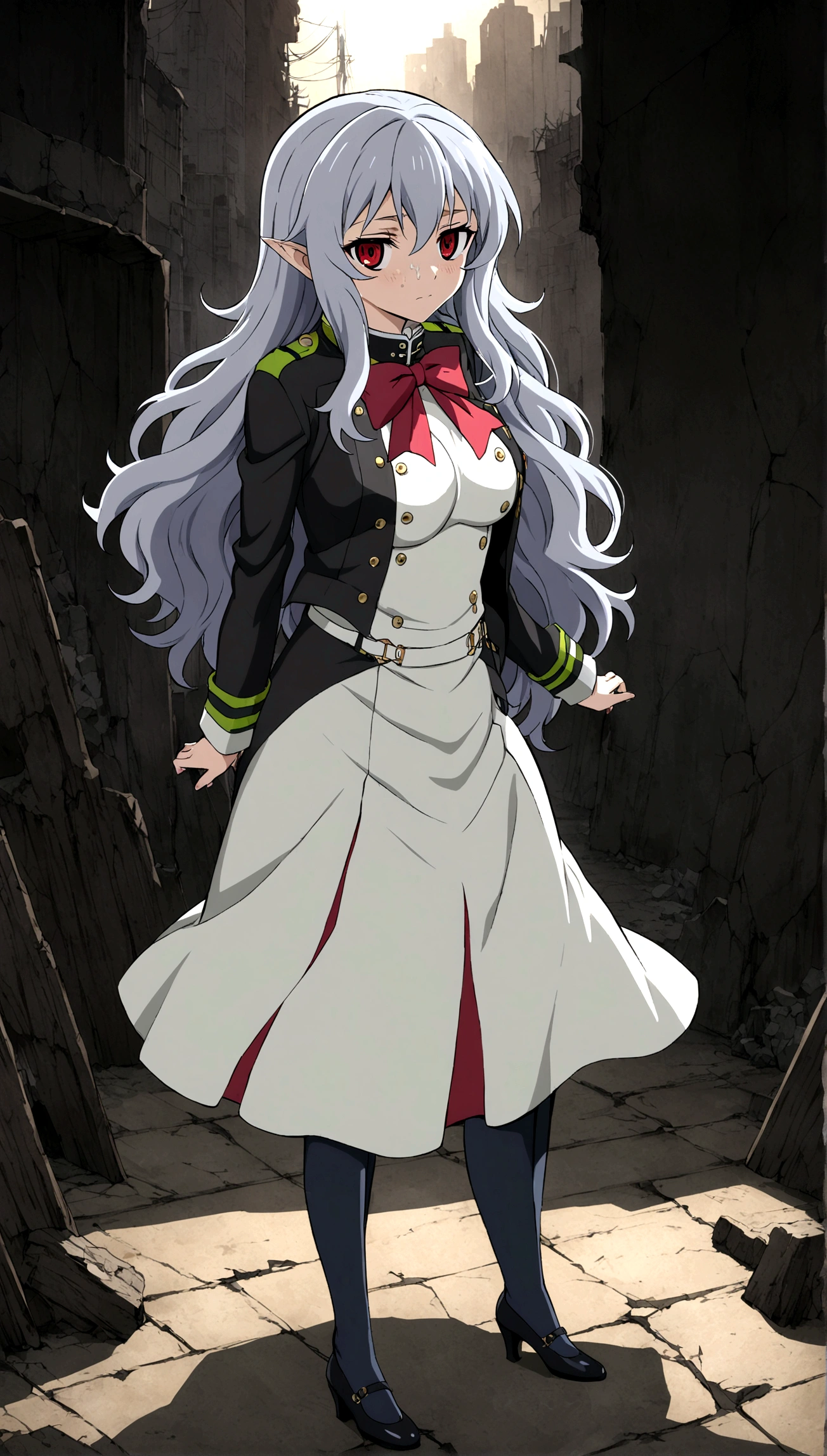 Anime. Owari no Seraph. 1 Girl. Expensive . A vampire. Clumsy. Progenitor. Silver hair. Wavy hair. Long hair. Red eyes. Beautiful eyes. Perfect eyes. Expressive eyes. Ideal face. Perfect body. Beautiful long ones. legs. Beautiful nose. 18 years. Big breasts. Standing. Full height. Beautiful character design. Shiny skin. Pointy ears. White dress. Vampire uniform dress from Owari no Seraph. Black stockings. She stumbled. She fell on her butt. She peed herself. Snot flows from the nose. Heeled shoes. Ruins of Tokyo. Whole body. NSF. Official art. Extremely detailed CG Unity 8k wallpaper. Ideal lighting. Ultra high resolution 4K. Super detailed 8K. A high resolution.