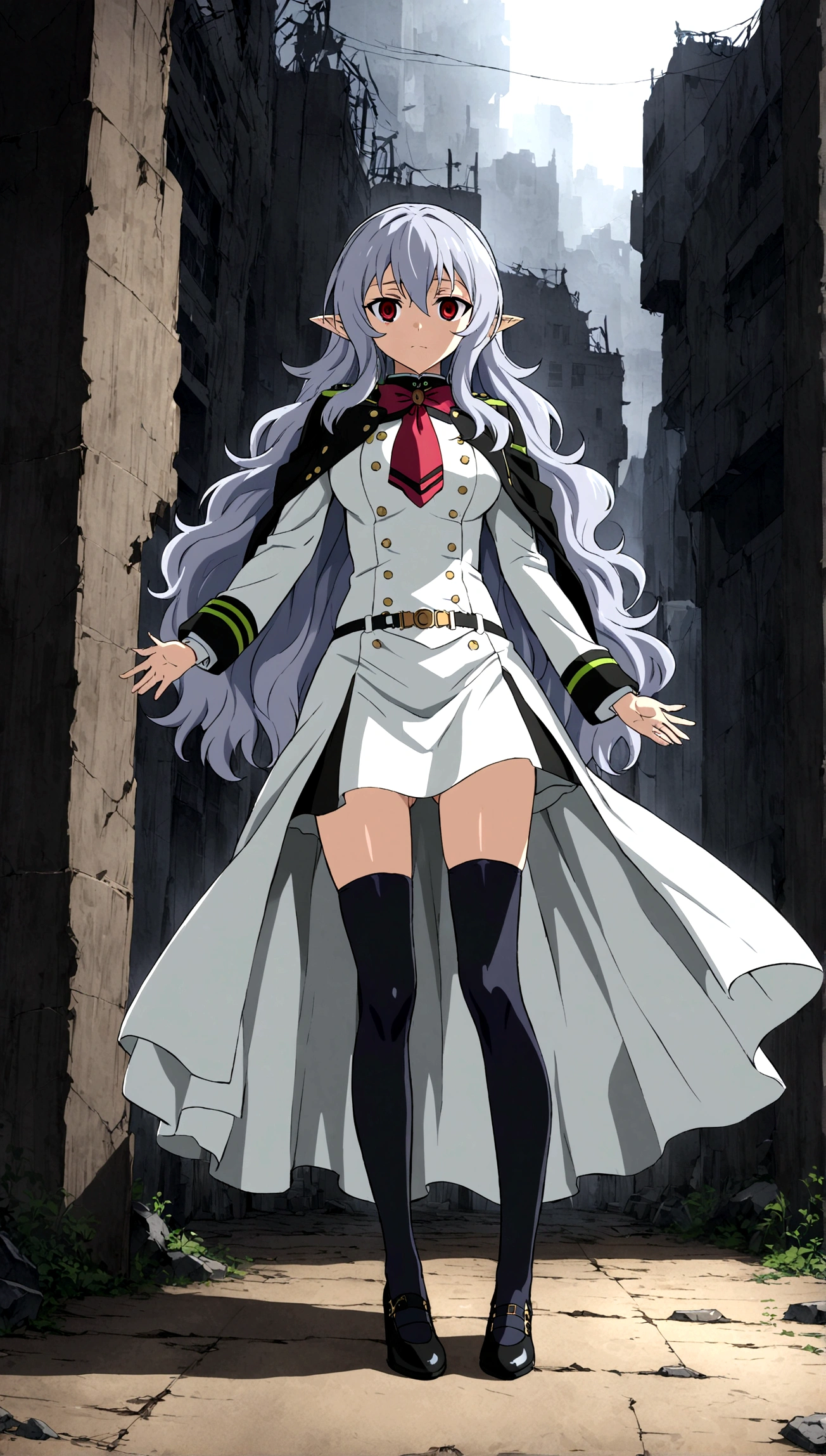 Anime. Owari no Seraph. 1 Girl. Expensive . A vampire. Clumsy. Progenitor. Silver hair. Wavy hair. Long hair. Red eyes. Beautiful eyes. Perfect eyes. Expressive eyes. Ideal face. Perfect body. Beautiful long ones. legs. Beautiful nose. 18 years. Big breasts. Standing. Full height. Beautiful character design. Shiny skin. Pointy ears. White dress. Vampire uniform dress from Owari no Seraph. Black stockings. She stumbled. She fell on her butt. She peed herself. Snot flows from the nose. Heeled shoes. Ruins of Tokyo. Whole body. NSF. Official art. Extremely detailed CG Unity 8k wallpaper. Ideal lighting. Ultra high resolution 4K. Super detailed 8K. A high resolution.