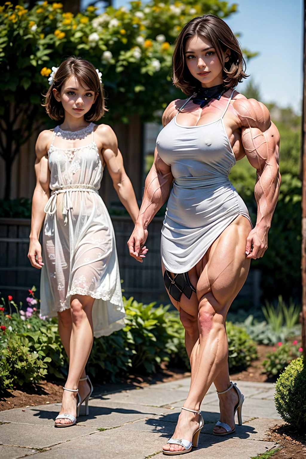 (Muscular:1.7), (large round breasts:1.4), (large muscular chest and shoulders:1.1), (tween girl:2.1), FEMALE, brown hair, long brown hair, (big smile:1), (wearing a loose flowy white sundress and high heels:1.5), looking at viewer, (three quarter view:1.2), upper body view, (garden:1.6), dark lighting, detailed skin, detailed eyes, (clean skin:1.5), (tiny waist:1.5), exaggerated hourglass physique, (huge body muscles:1.7), (one protagonist:1.5), (walking:1.6),
