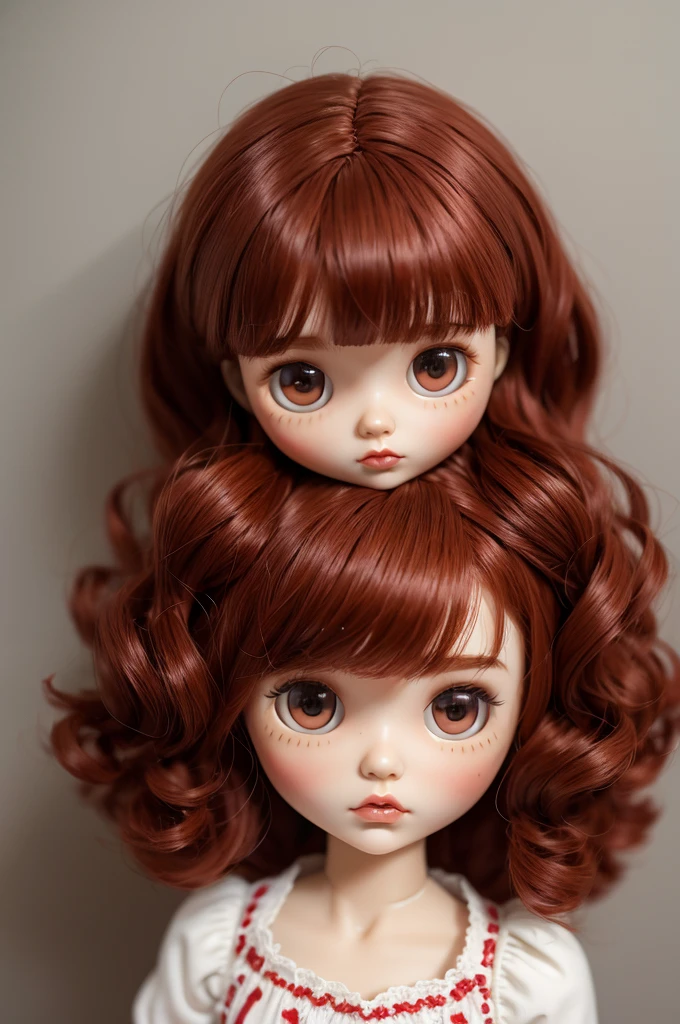 brown skin blythe doll, with wavy hair and bangs and copper red hair, dark eyed with black and red clothes