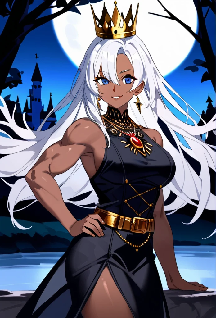 masterpiece, best quality, upper body, score_9,beautiful woman, dark skin, white hair, sky blue eyes, black dress, yellow crown, black jewels in the crown, gold belt, gold earrings, gold necklace, tall, athletic build, muscular arms, confident smile, black and gold high heels, 1white owl on shoulder, bright,white background