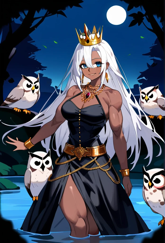 masterpiece, best quality, upper body, score_9,beautiful woman, dark skin, white hair, sky blue eyes, black dress, yellow crown, black jewels in the crown, gold belt, gold earrings, gold necklace, tall, athletic build, muscular arms, confident smile, black and gold high heels, 1white owl on shoulder, bright,white background
