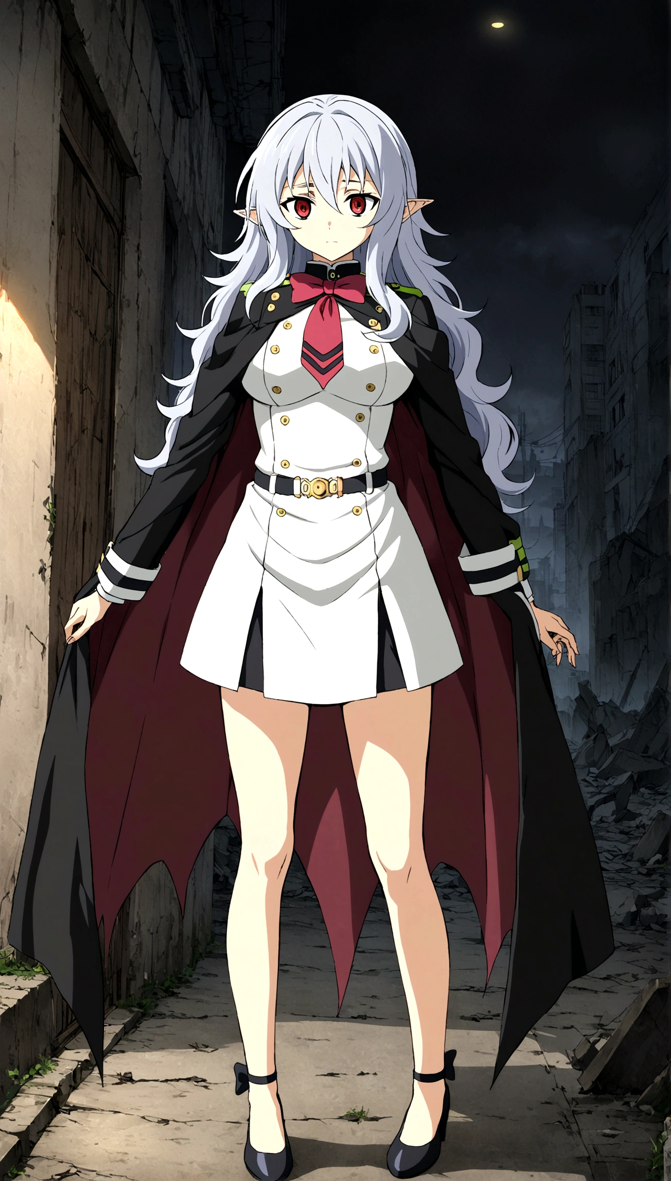 Anime. Owari no Seraph. 1 Girl. Expensive . A vampire. Clumsy. Progenitor. Silver hair. Wavy hair. Long hair. Red eyes. Beautiful eyes. Perfect eyes. Expressive eyes. Ideal face. Perfect body. Beautiful long ones. legs. Beautiful nose. 18 years. Big breasts. Standing. Full height. Beautiful character design. Shiny skin. Pointy ears. White dress. Vampire uniform dress from Owari no Seraph. Black stockings. She stumbled. She fell on her butt. She peed herself. Snot flows from the nose. Heeled shoes. Ruins of Tokyo. Whole body. NSF. Official art. Extremely detailed CG Unity 8k wallpaper. Ideal lighting. Ultra high resolution 4K. Super detailed 8K. A high resolution.
