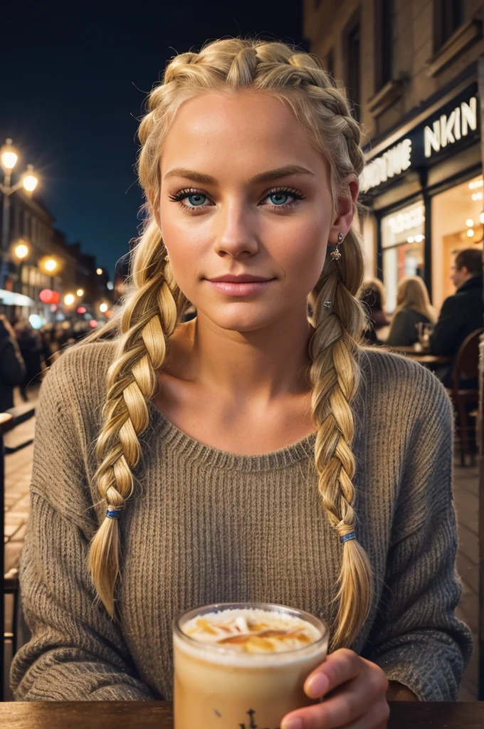 RAW, analog, Nikon Z 85 mm, award winning glamor photography,((Best quality)), ((masterpiece)), ((realistic)), 18th century, :0.9 piercing eyes, I'm looking straight, Very happy, blonde hair, Four braids, In a street café, night city, 24 years, with out sweater
