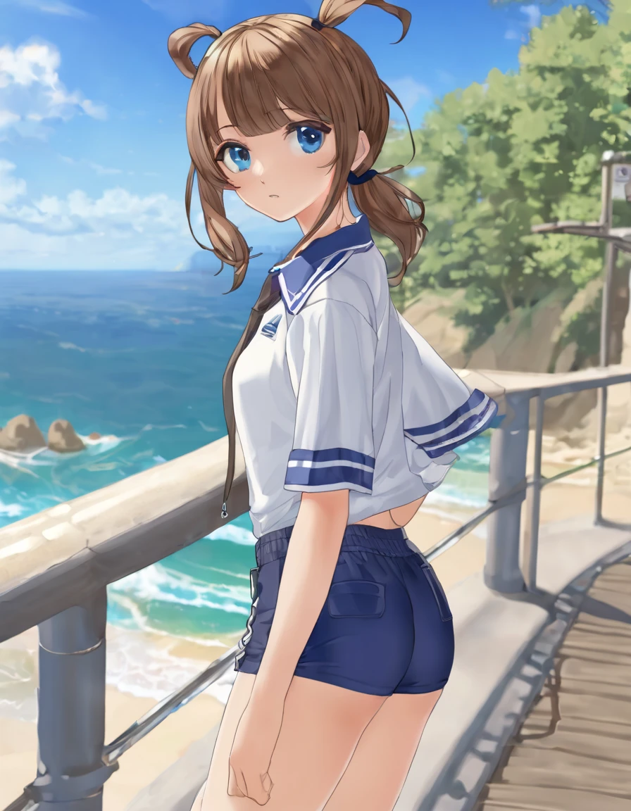 BREAK Perfect Anatomy、(High resolution:1.2)、Incredible illustrations、(Cute illustrations:1.2)、 (nsfw)(hip focus,from side ) (Beautiful background(breakwater,morning sun)) 1girl((brown hair,asymmetric bangs,twin tails, tanned skin: 1.3,blue eyes,fang)1girl((a girl,slender 1.7meters, 45kg, (( short shirt, hot pants,thigh-high socks, sandals),,cameltoe,))looking afar,open stance,beautiful ass
